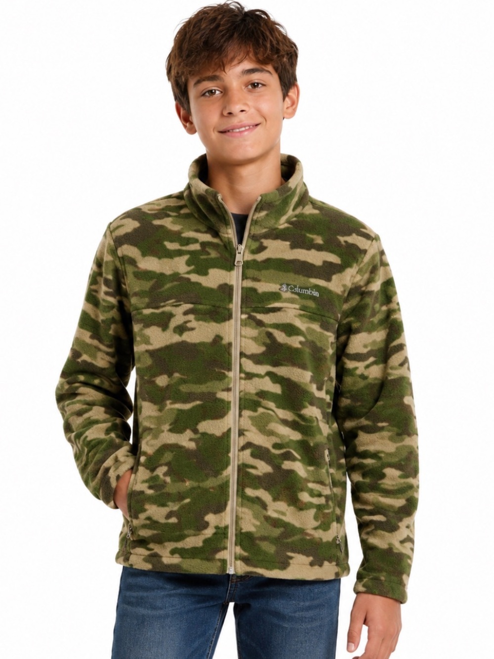 Columbia Boys Camo Fleece Jacket Full Zip Green Youth —14/16